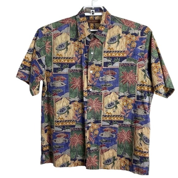 Tori Richard‎ Men's size M Cotton Palm Tree Turtle Fish Print Button Down Shirt - Picture 1 of 5